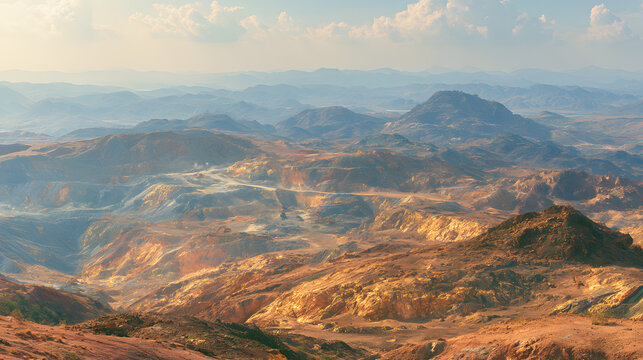 Vast Open Pit Rare Earth Mine with Excavators Digging Mineral Veins in Arid Landscape