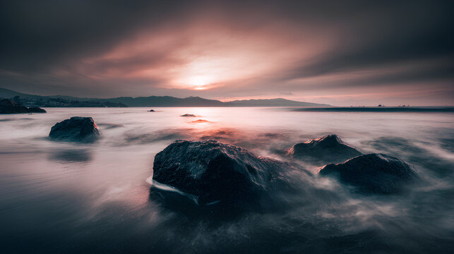Cinematic long exposure of rocky coast at sunset with misty water and moody sky.