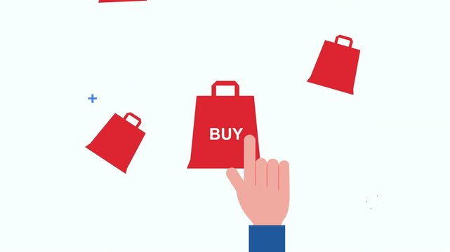 Flat design animation of hand clicking buy button on red shopping bag icon against white background.
