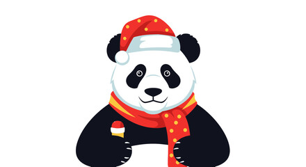 Cute Panda Wearing Santa Hat and Scarf Holding Candy Cane, Christmas Celebration © kholid