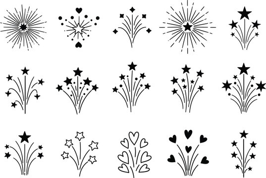 Collection of stylized fireworks and starburst vector graphics with white background fireworks celebration sparkler explosion firecracker festival new year illustration collection isolated