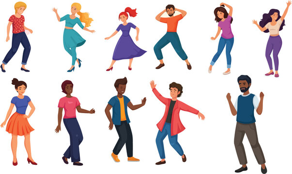 Diverse group of people dancing in various styles and poses with illustration teenager movement celebration energetic lifestyle recreation character colorful background expression community