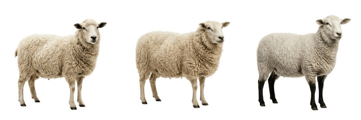 Naklejka premium Cute Fluffy White Sheep PNG Set, Domestic Ewe Lamb Farm Livestock, Isolated Agriculture Wool Animal Clipart Elements