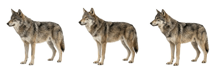 Obraz premium Wild Grey Timber Wolf Standing PNG Set, Realistic Forest Predator Wildlife Animal, Isolated Canine Nature Clipart Elements