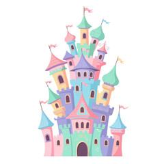 Naklejka premium Whimsical Cartoon Castle with Pastel Towers and Flags