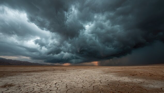 Vast, cracked earth beneath menacing storm clouds