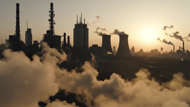 Industrial skyline at sunrise with heavy smog enveloping cooling towers and chimneys, golden backlight filtering through dense fog, aerial silhouette of refinery and factory stacks emitting plumes,