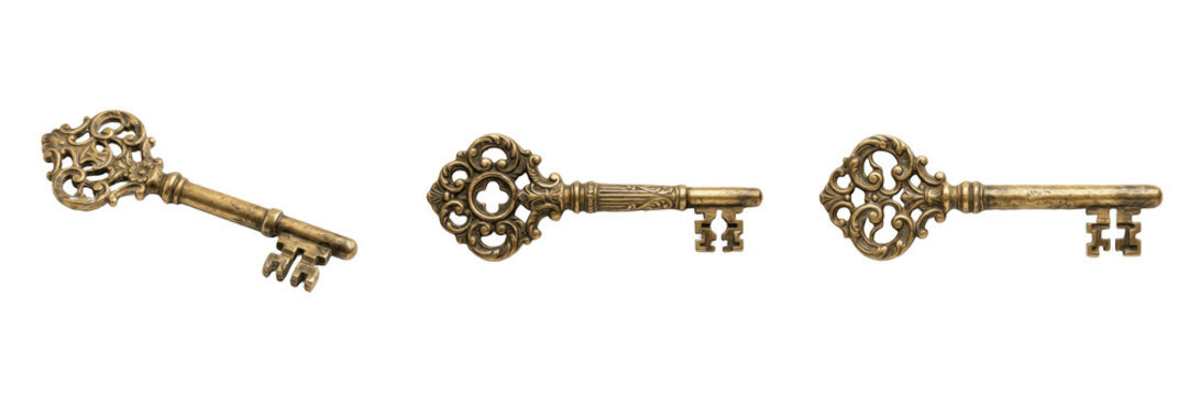 Ornate Antique Skeleton Key PNG Set, Vintage Brass Metal Key Opener, Isolated Mystery Escape Room Clipart Design Assets