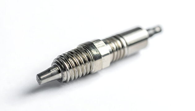 Isolated metal tire valve stem, Schrader type, with threaded body and knurled grip, industrial component detail