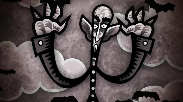 cartoon nosferatu vampire with flying bats