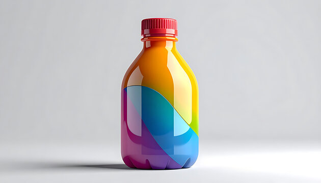 Isolated colorful plastic bottle with rainbow stripes and red cap on a neutral background, vibrant and refreshing beverage container