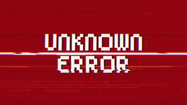 UNKNOWN ERROR message appears with a retro glitch effect on a red screen. Ideal for technology, gaming, data, or system failure concepts.