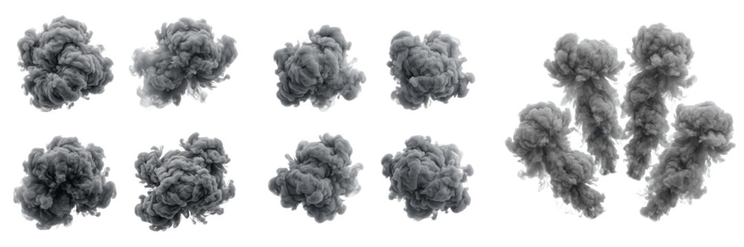 Dark Black Smoke Clouds PNG Set, Realistic Isolated Charcoal Fog Puffs, Gritty Smoke Effects for Dramatic Design, Transparent Background.
