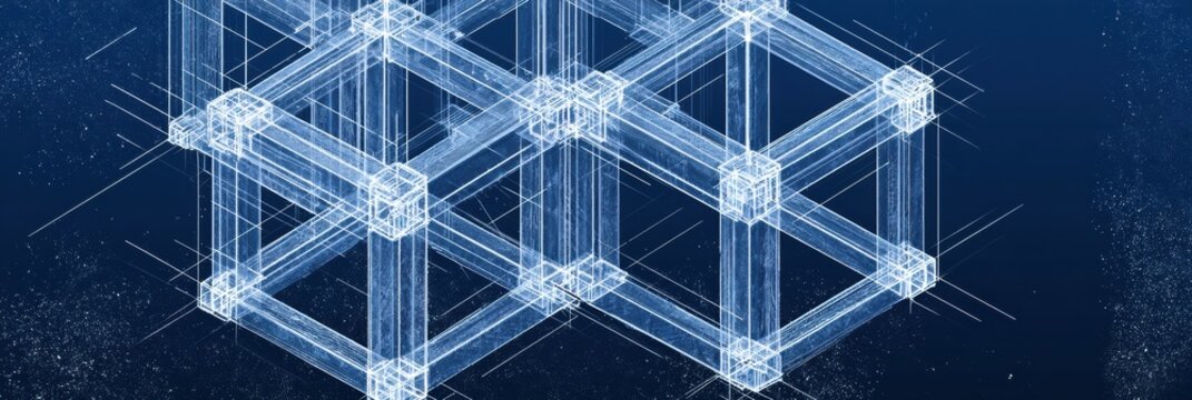 Technical drawing displays a modular geometric building system in isometric view with grid lines and assembly logic on a dark navy background.