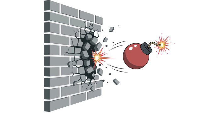 Bomb exploding through brick wall, breaking barrier, concept of destruction and breakthrough