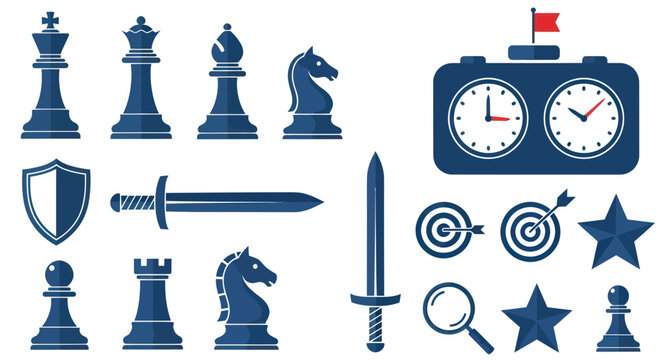 Chess Pieces, Timer, Targets, Sword, Magnifying Glass, Stars - Strategy Icons Set