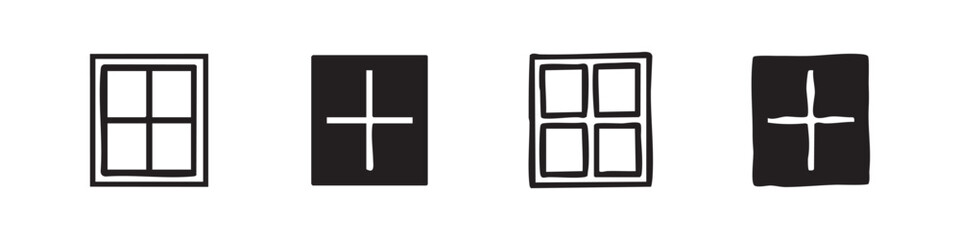 Fototapeta premium Closed Window Icons Set: House Architectural Element Symbols in Outline and Glyph Styles