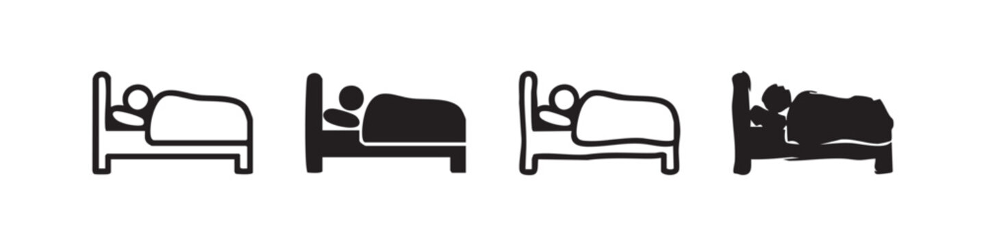 Sleeping in Bed Icons Set: Peaceful Sleep and Rest Symbols in Outline and Glyph Styles