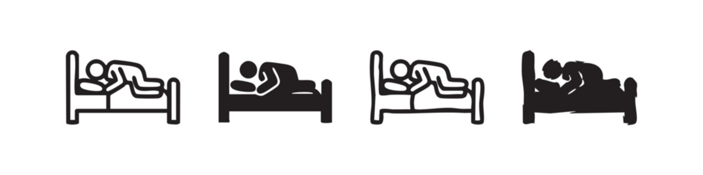 Insomnia and Restless Sleep Icons Set: Person Struggling in Bed Symbols in Outline and Glyph Styles