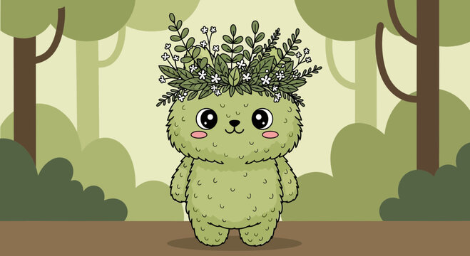 Cute cartoon creature with green leaves.
