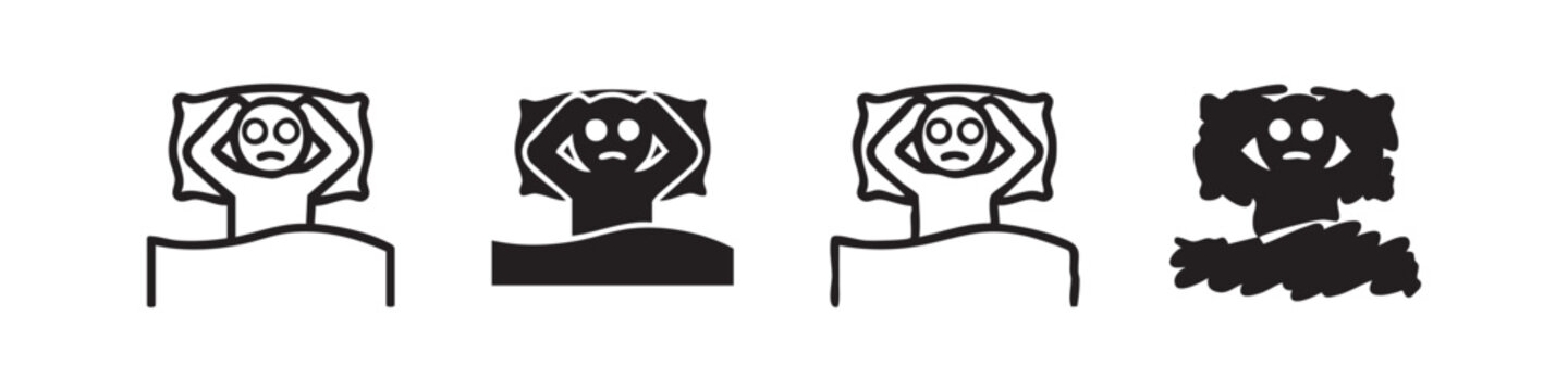 Nightmare and Waking Up in Shock Icons Set: Terrified Person in Bed Symbols in Outline and Glyph Styles
