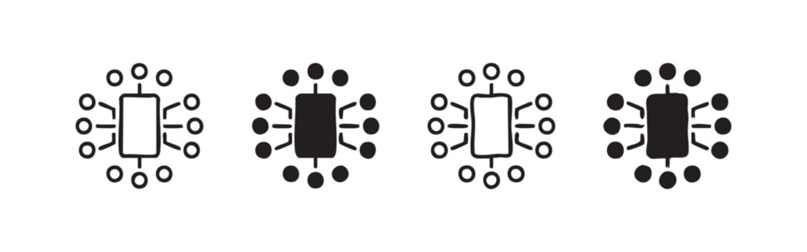 Central Network or Meeting Point Icons Set: Distributed Connection Symbols in Outline and Glyph Styles