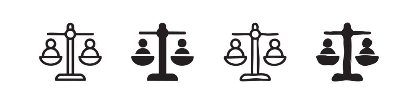 Scales of justice with people icons representing equality and equity, balance symbol set.