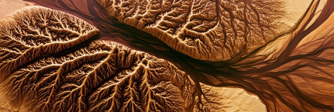 View of a river delta featuring a branching pattern in an arid area with ochre and rust colors illuminated by midday light.