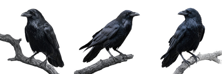 Fototapeta premium Black Crow Bird Perching Isolated PNG Transparent Background Realistic Raven Wildlife Clipart for Nature Mystery and Halloween Design