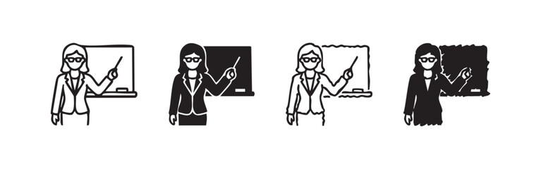 Set of 4 teacher and blackboard icons, outlined and filled. © liubomir118809