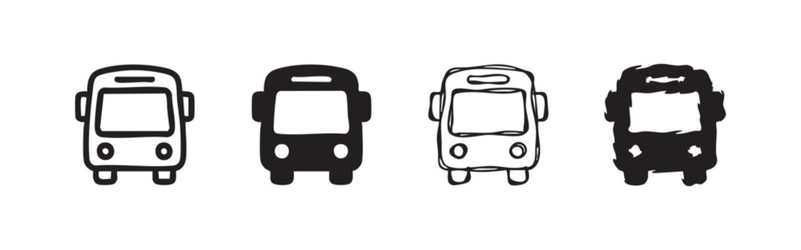 Set of 4 bus icons, front view, outlined and filled.