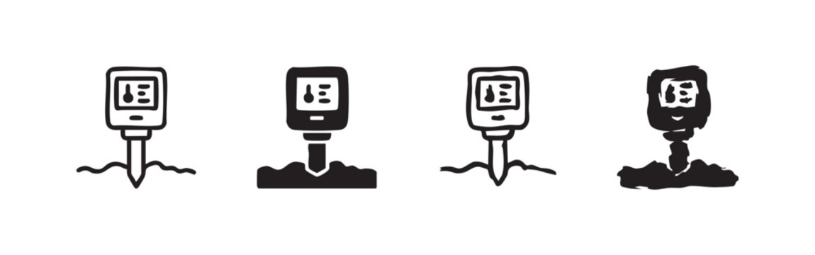 Set of 4 soil moisture meter icons, outlined and filled.