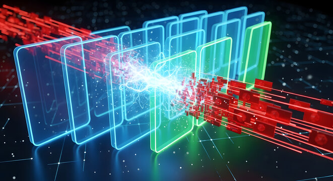Abstract representation of digital information fragmentation, showing glowing data blocks shattering and streaming through a portal, symbolizing cyber-attack or data loss.