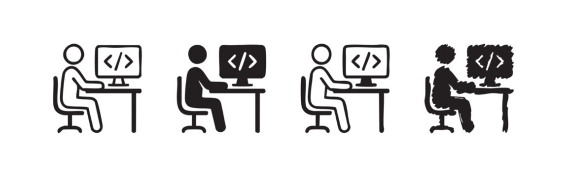 Programmer at computer icons in different styles