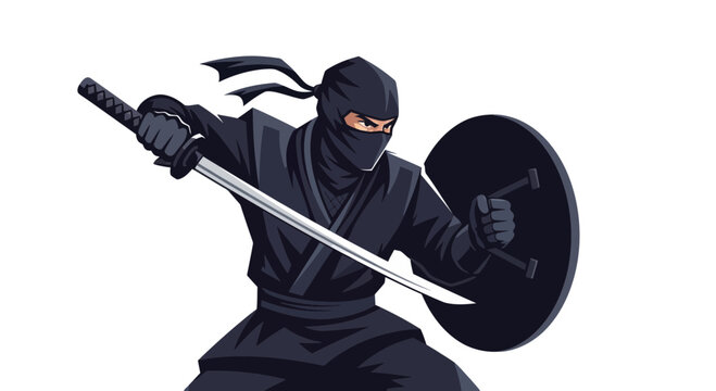 Ninja Warrior with Sword and Shield in Action Pose - White Background