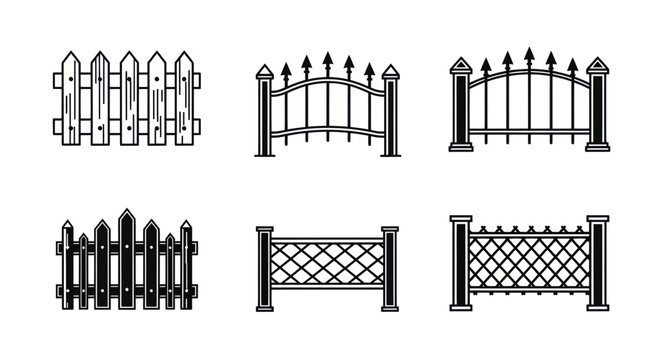 Set of six fence icons: wooden, wrought iron, and decorative garden fences