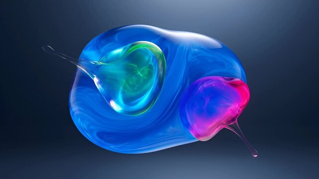 Abstract liquid fluid blob organic blue violet glass form with glowing center and smooth swirl, colorful abstract liquid blob with smooth fluid organic shape, blue green magenta gradient dark