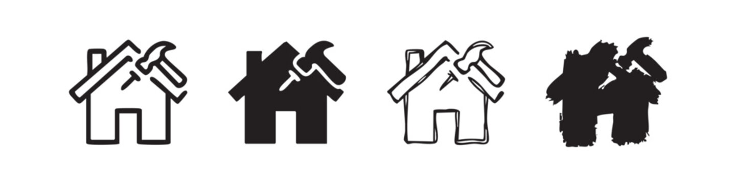 Four house and hammer icons representing construction in different styles