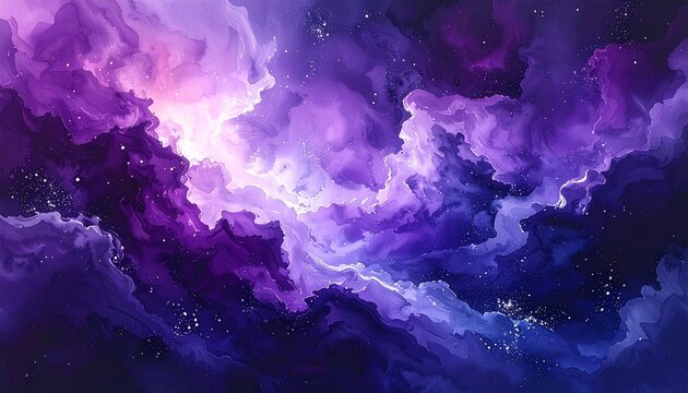 Deep Navy and Purple Watercolor Galaxy Background with Dramatic Clouds and Scattered White Stars