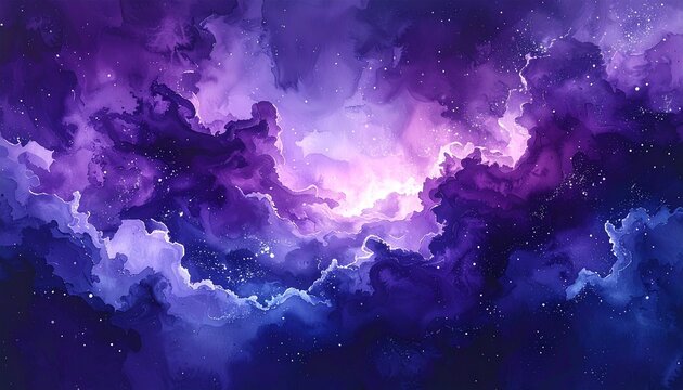 Deep Navy and Purple Watercolor Galaxy Background with Dramatic Clouds and Scattered White Stars