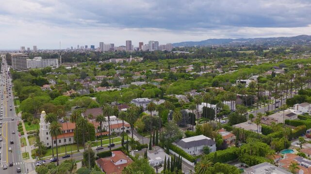 Beverly Hills Aerial View of Luxury Homes and Wilshire Skyline