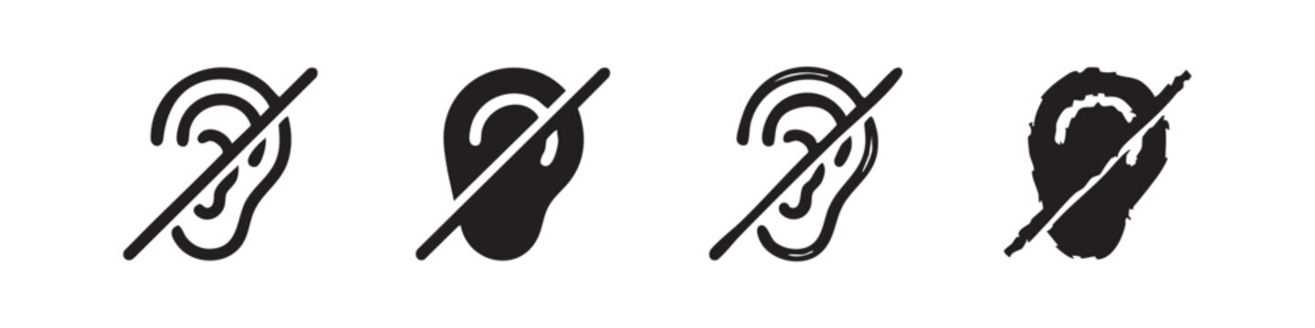 Four styles of a hearing impairment icon, indicating deafness or being hard of hearing.