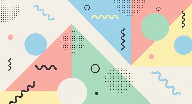 Abstract Geometric Pattern with Pastel Colors Circles Triangles and Squiggly Lines for Modern Background Design