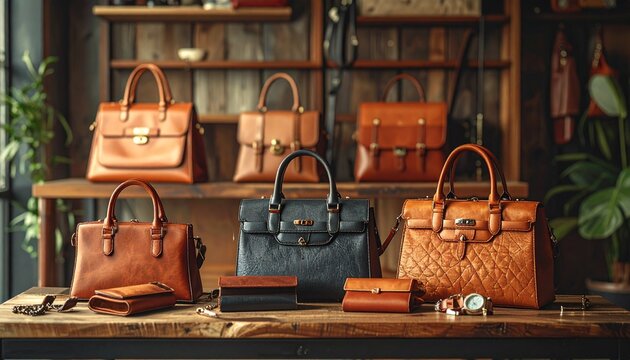 Luxury Leather Handbags Wallets and Accessories Arranged on Table Ready for Secondhand Resale Appraisal