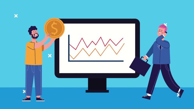 Dynamic motion graphics business concept with people analyzing financial data on monitor.