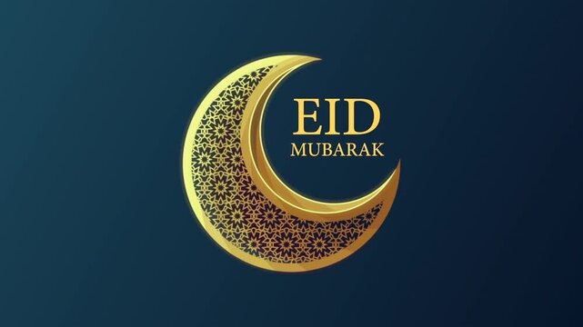 Golden crescent moon with intricate patterns displays Eid Mubarak message in Arabic text.