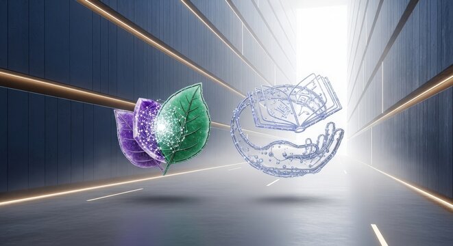 Conceptual Climate Education Governance Atrium with Sapphire Leaf and Lavender Glass Book Sculptures