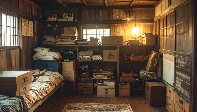 Cluttered Old Japanese Oshiire Storage Closet in Showa Era Tatami Room with Cardboard Boxes and Folded Futons