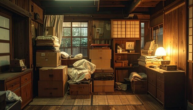 Cluttered Old Japanese Oshiire Storage Closet in Showa Era Tatami Room with Cardboard Boxes and Folded Futons