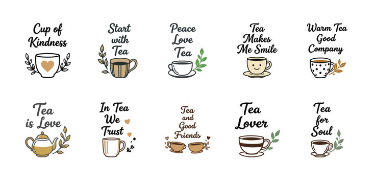 Cup of kindness tea quotes collection with cute hand drawn vector smiling mugs for positive community vibes.